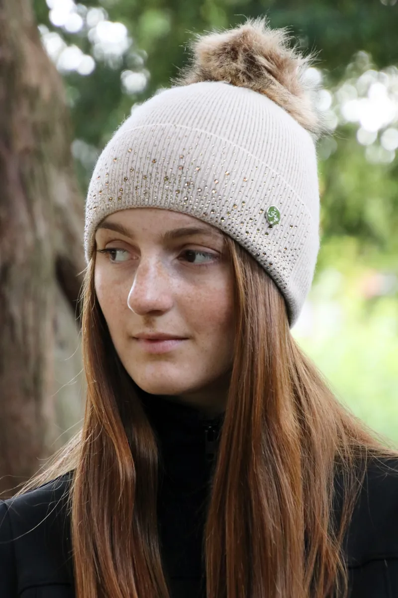 Hy Equestrian Alaska Diamante Bobble Hat - Beige/Gold-3